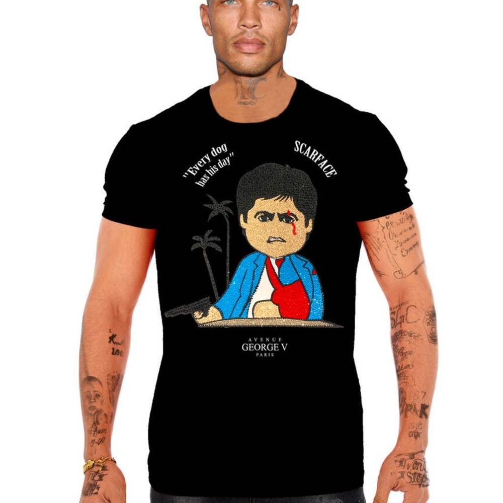 Men’s designer Black George V of Paris T-shirt with rhinestones